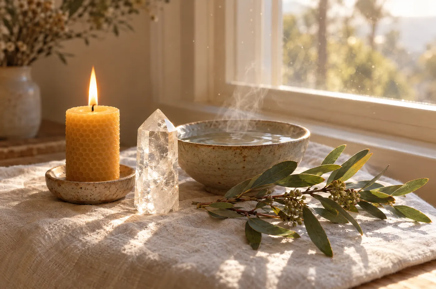 A lit candle, a clear quartz crystal and a bowl of water on linen by a sunlit window